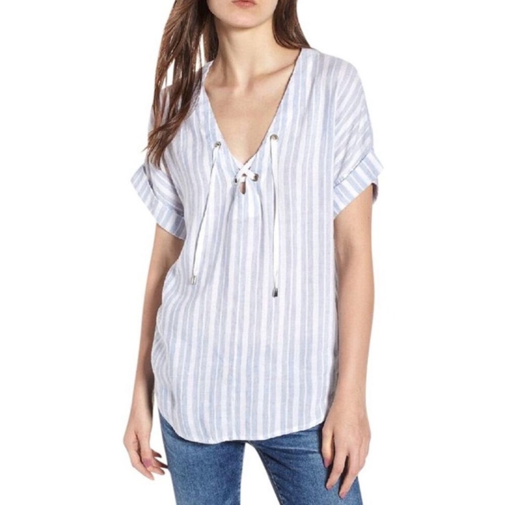 RAILS Women's Blue Jeri Linen Blend Holland Stripe Short Sleeve Blouse Small